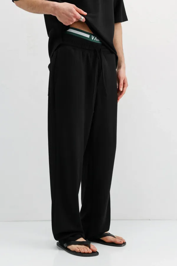 Fitilli Dokulu Baggy Eşofman Alt Siyah