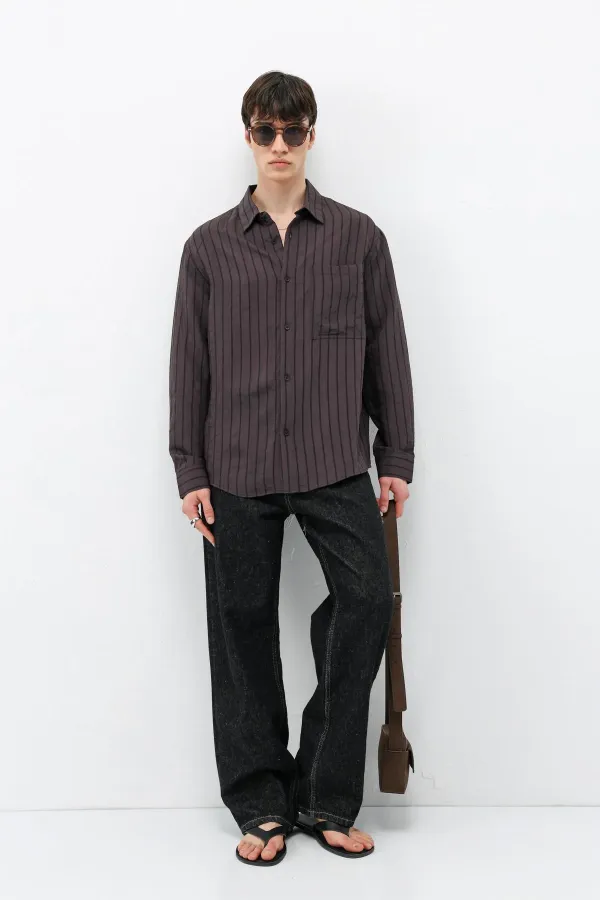 Chemise oversize rayée en modal, marron foncé
