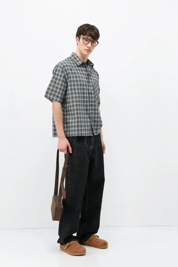 Checked Short-Sleeved Oversize Shirt, Khaki