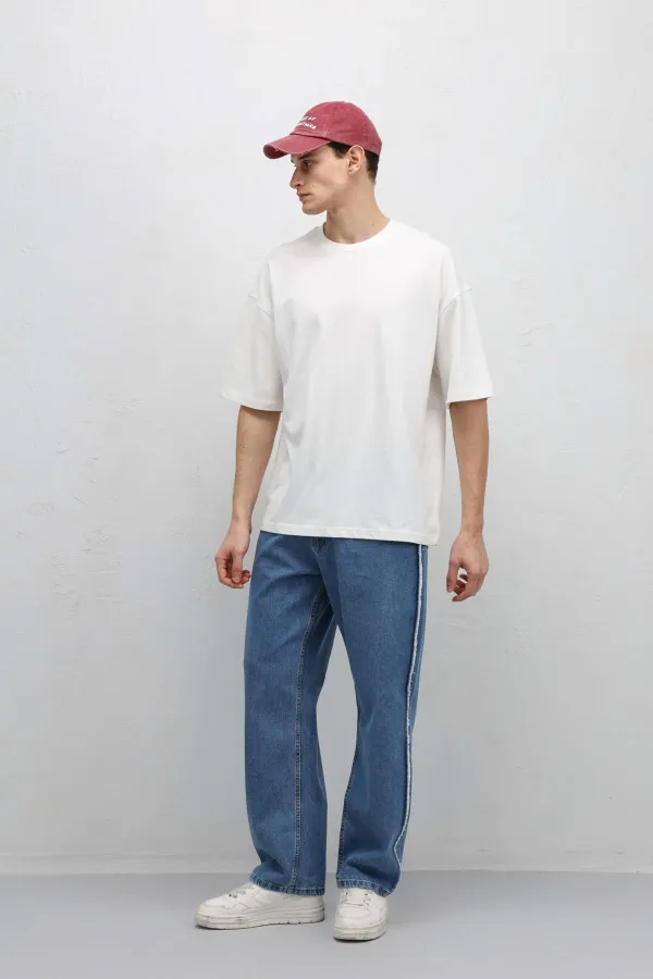 Yan Dikiş Detaylı Baggy Jean Mavi