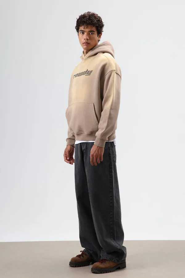 Sweat à capuche oversize imprimé délavé, couleur vison