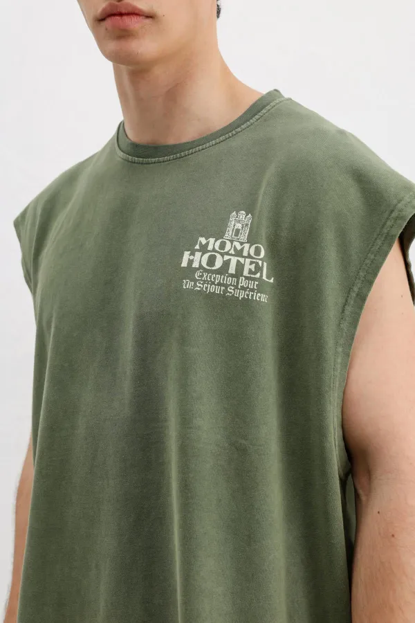 Baskılı Kolsuz Oversize Tişört Haki