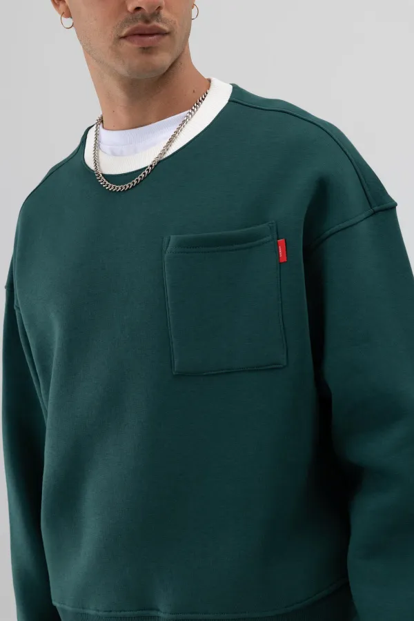 Bisiklet Yaka Cep Detaylı Oversize Sweatshirt Nefti