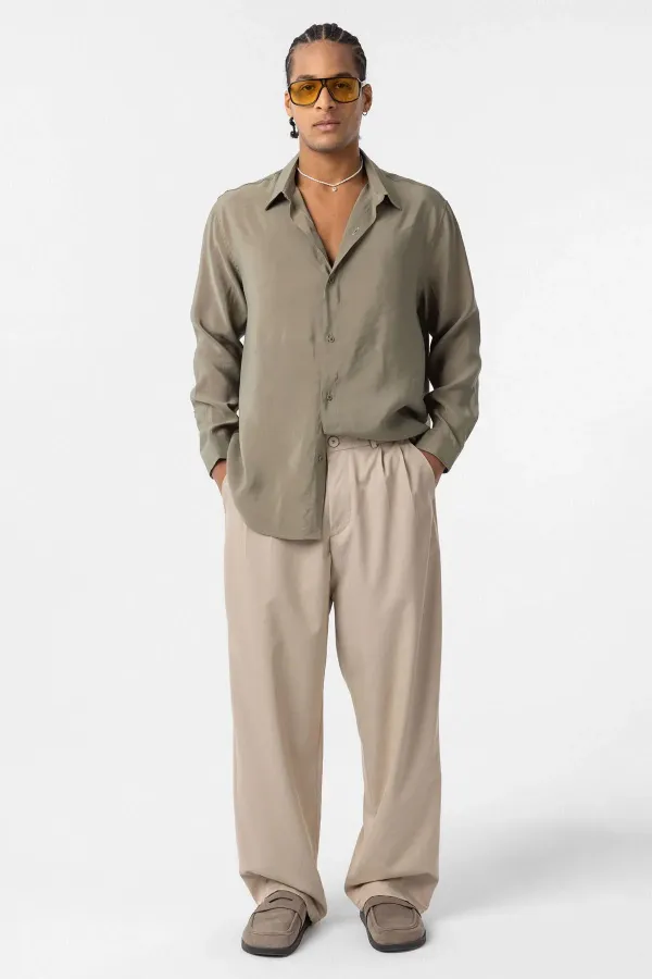 Baggy Fit Pleated Fabric Pants Stone