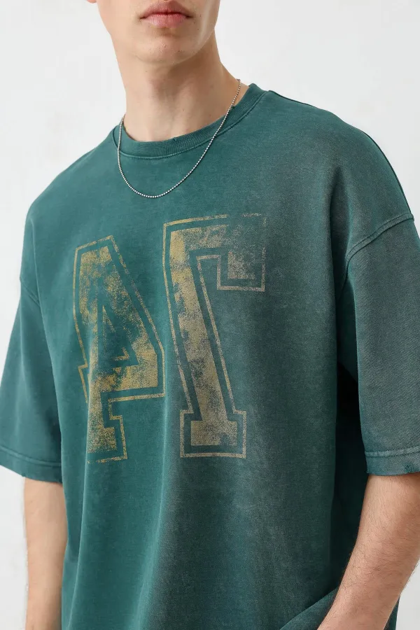 Yıkamalı Baskılı Oversize Tişört Nefti