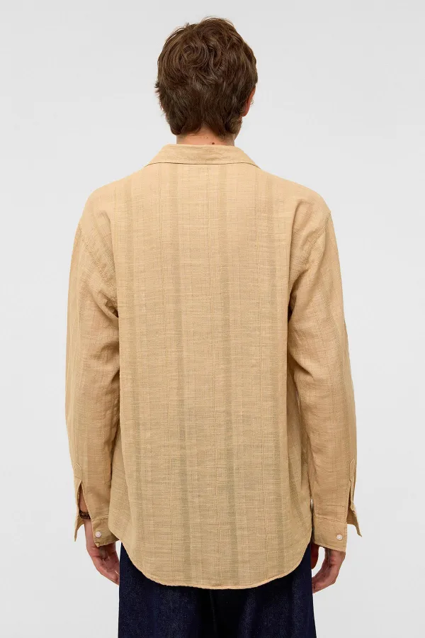 Chemise oversize rayée à manches longues en lin, couleur vison