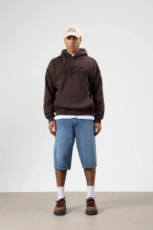 Oversize Baskılı Kapüşonlu Sweatshirt Kahve
