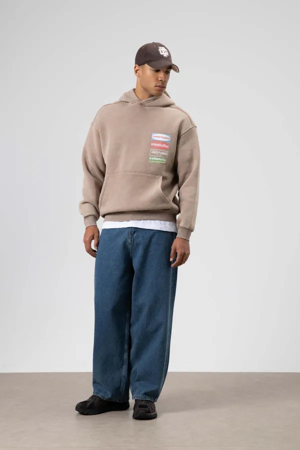 Oversize Yıkamalı Baskılı Kapüşonlu Sweatshirt Vizon