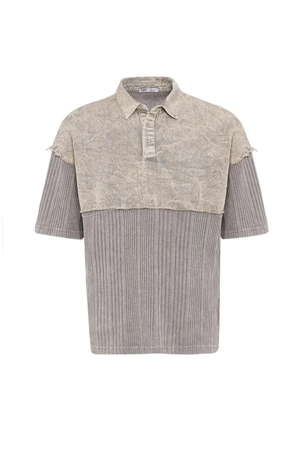 Yıkamalı Oversize Polo Yaka Tişört Taş
