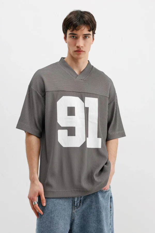 T-shirt oversize en velours côtelé imprimé gris