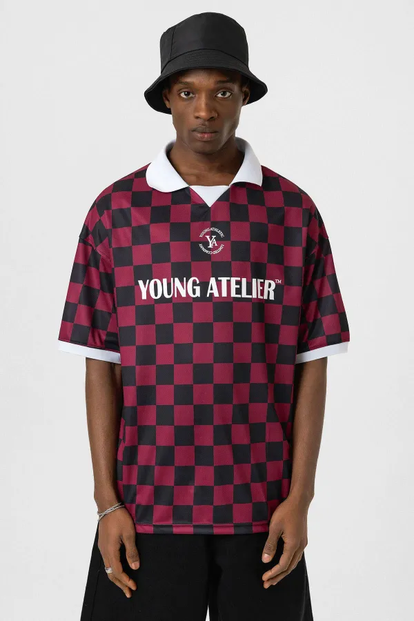 Oversize Polo Collar Jersey T-Shirt BURGUNDY/BLACK