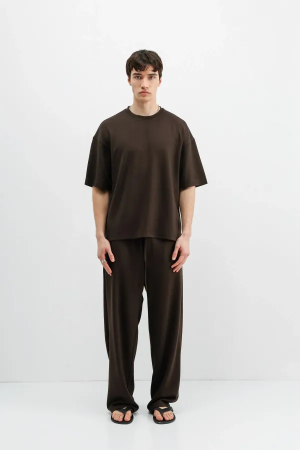 Fitilli Dokulu Oversize Tişört Koyu Kahve