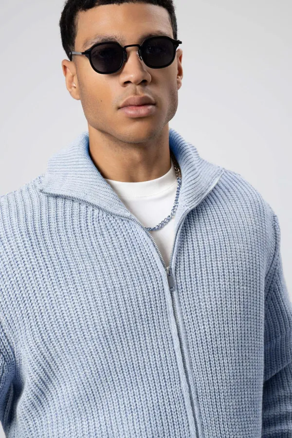Oversize Zip-Up Knitted Cardigan, Baby Blue