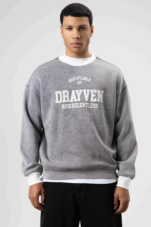 Oversize Bisiklet Yaka Baskılı Sweatshirt Gri