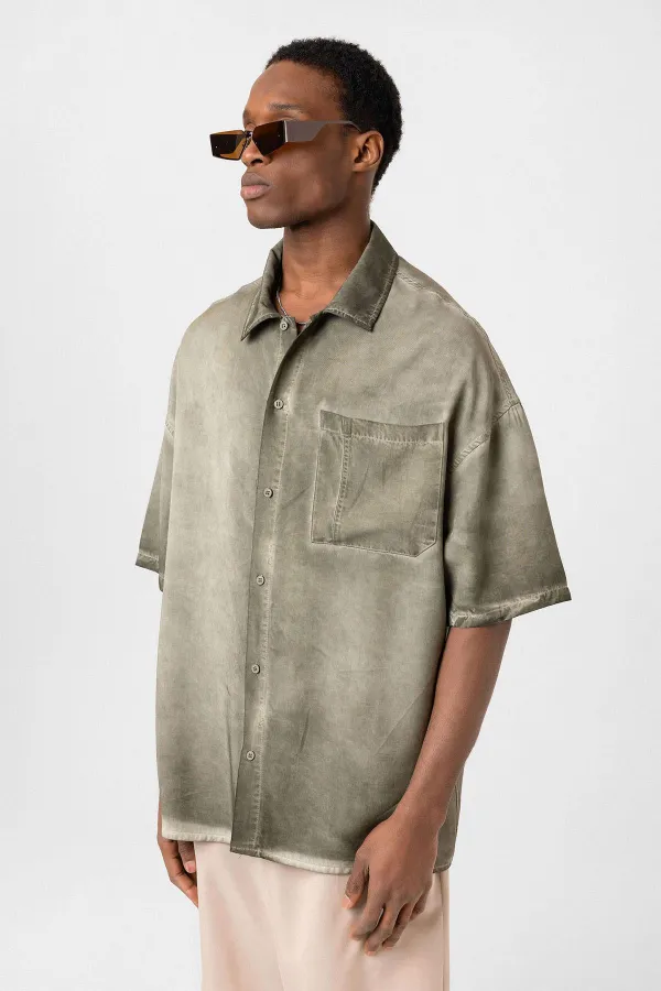 Yıkamalı Kısa Kollu Oversize Gömlek Haki