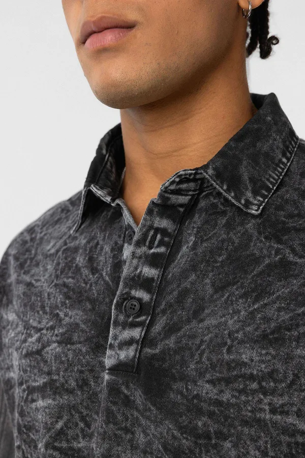 Yıkamalı Oversize Polo Yaka Tişört Siyah