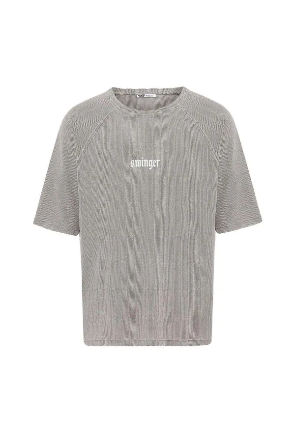 Yıkamalı Oversize Baskılı Triko Tişört Taş