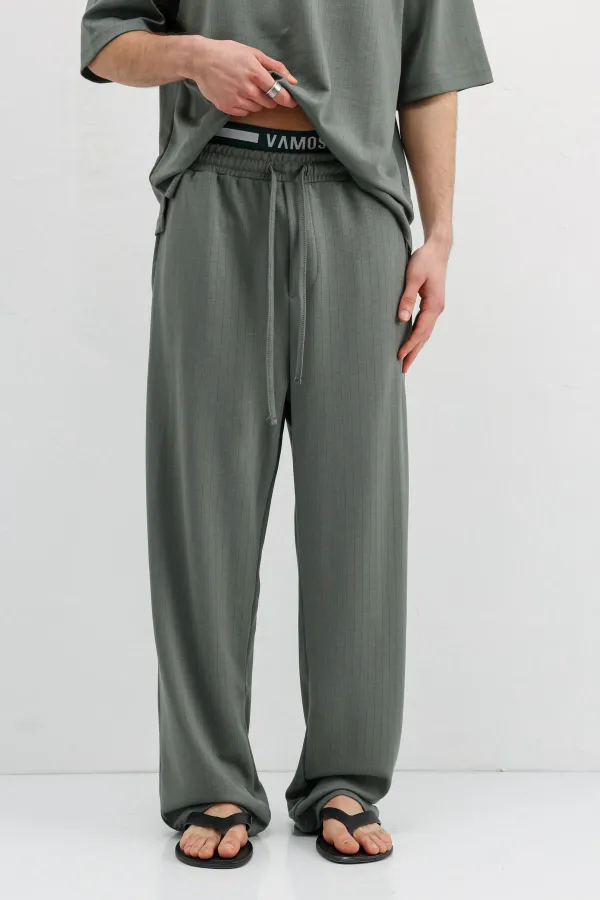 Fitilli Dokulu Baggy Eşofman Alt Haki