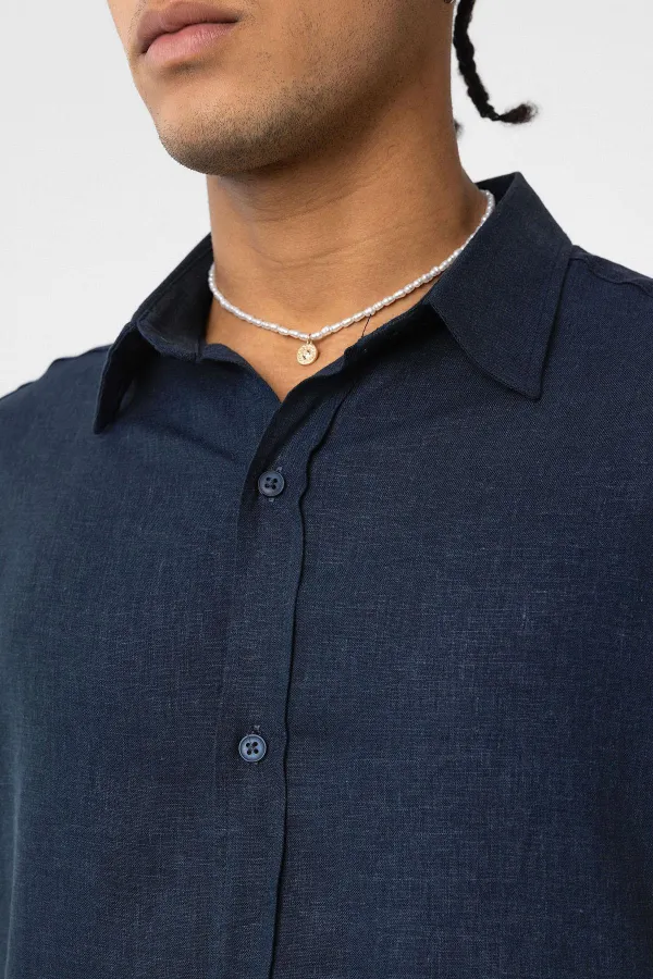 Basic Oversize Uzun Kollu Keten Gömlek Lacivert