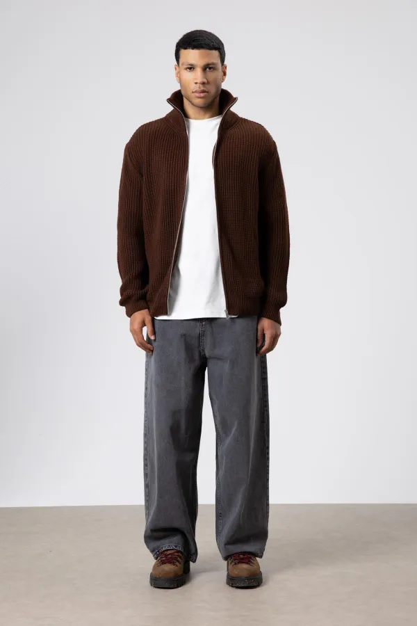 Oversize Fermuarlı Triko Hırka Kahve