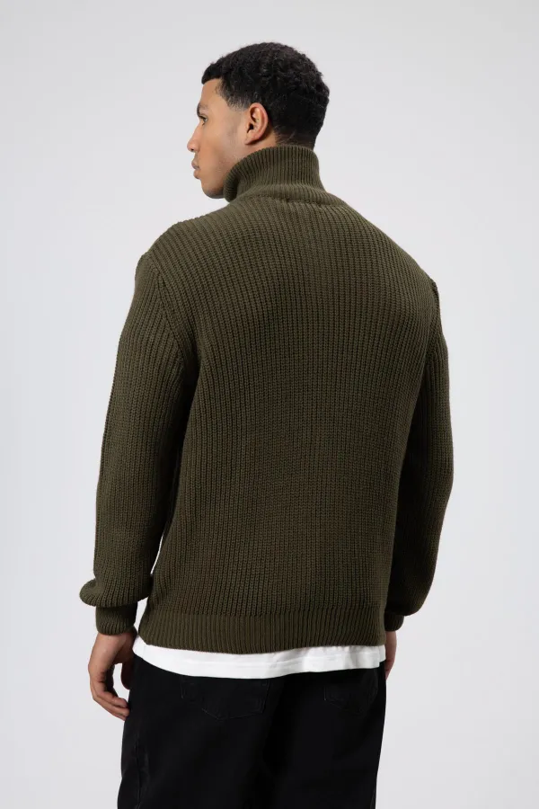 Oversize Zip-Up Knit Cardigan, Khaki
