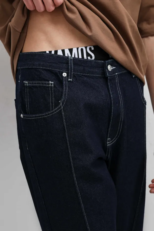 Dikiş Detaylı Relaxed Fit Jean Koyu Mavi