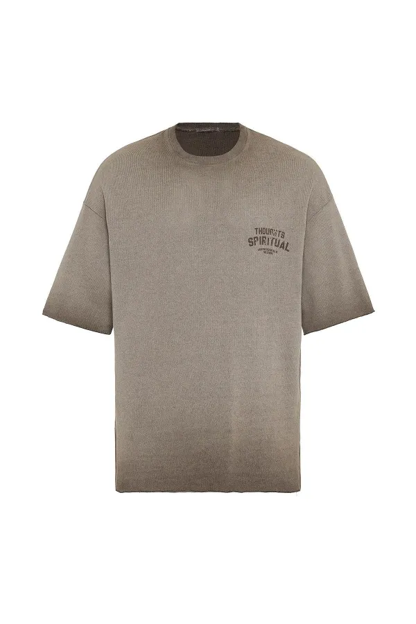 Yıkamalı Oversize Triko Tişört Kahve