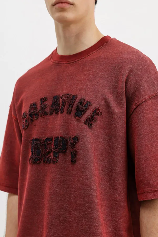 Yıkamalı Yazı Baskılı Oversize Tişört Bordo