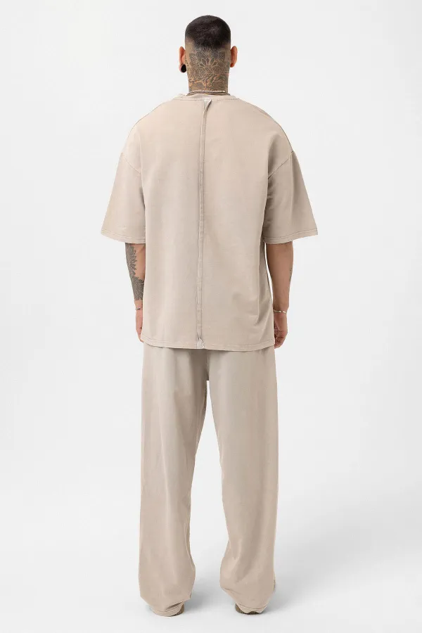 Yıkamalı Baskılı Oversize Eşofman Takım Soğuk Vizon