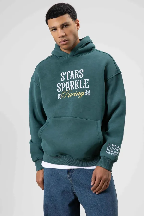 Oversize Nakış Baskılıkapüşonlu Sweatshirt Nefti