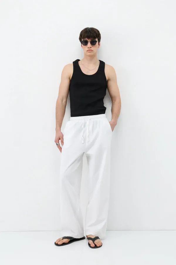 Bel Lastikli Baggy Fit Keten Pantolon Beyaz