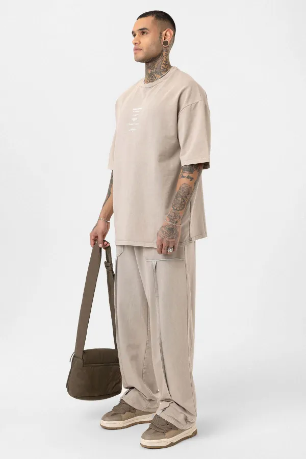 Yıkamalı Baskılı Oversize Eşofman Takım Soğuk Vizon