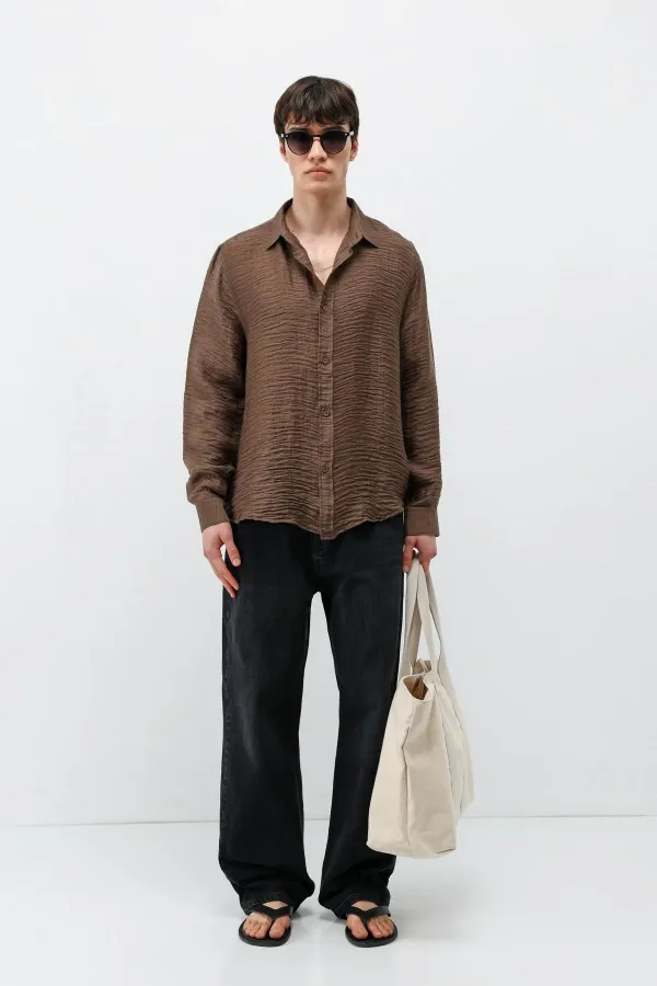 Dokulu Oversize Gömlek Açık Kahve