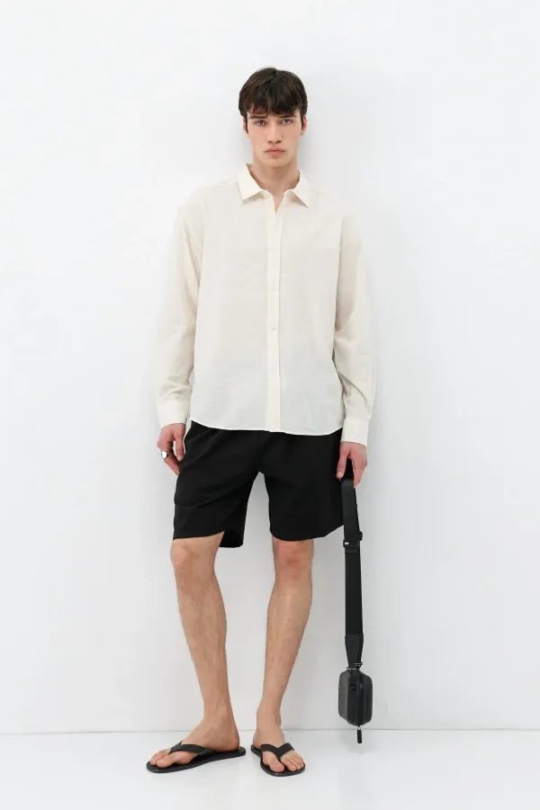 Dokulu Keten Görünümlü Oversize Gömlek Naturel