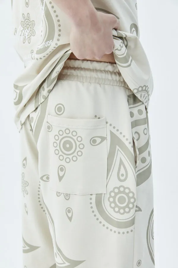 Oversize Desenli Şort Tişört Takım Bej