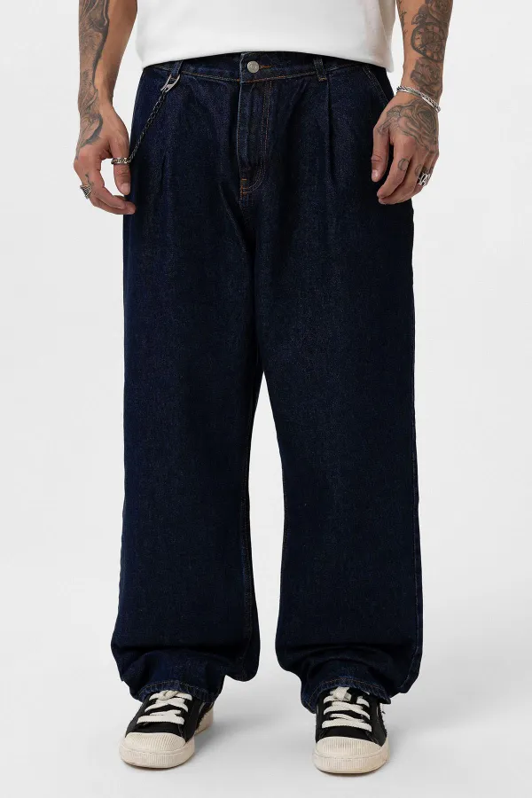 Pileli Zincir Detaylı Baggy Jean Koyu Mavi