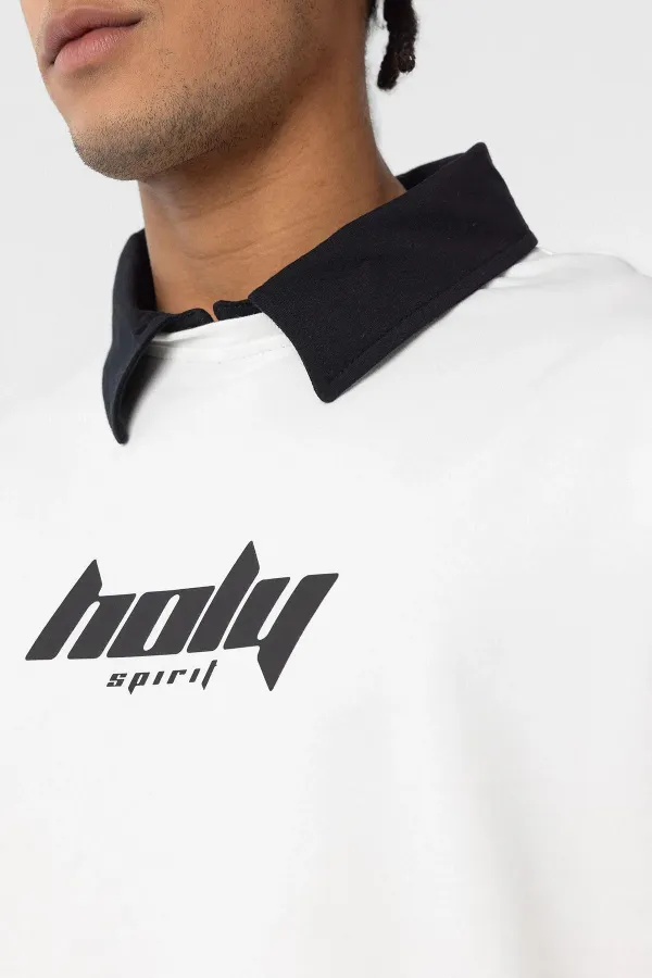 Polo Yaka Oversize Baskılı Tişört Ekru