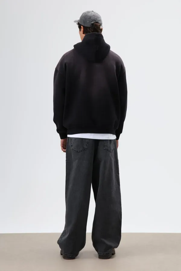 Sweat à capuche noir oversize imprimé et délavé