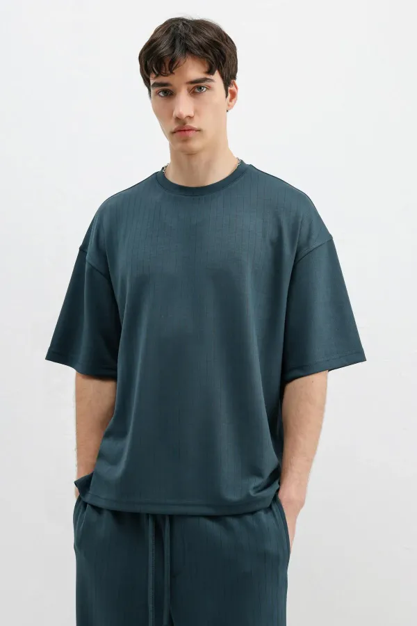 Fitilli Dokulu Oversize Tişört Petrol