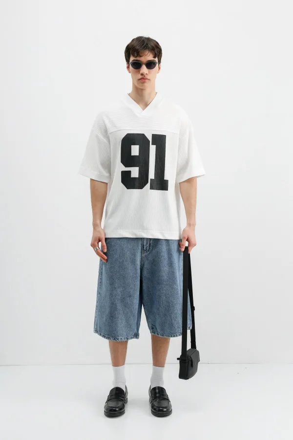 Printed Corduroy Oversize T-Shirt, Ecru