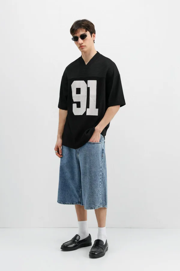 Printed Corduroy Oversize T-Shirt Black