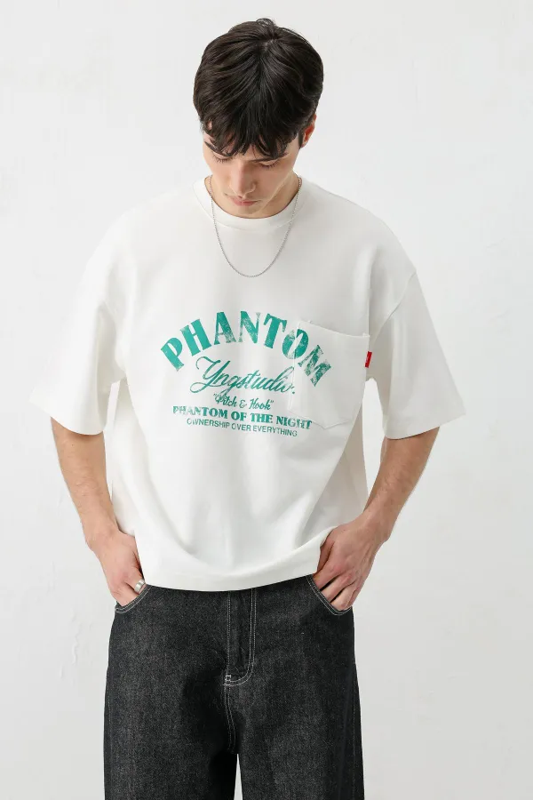 Kısa Kollu Boxy Fit Baskılı Tişört Ekru