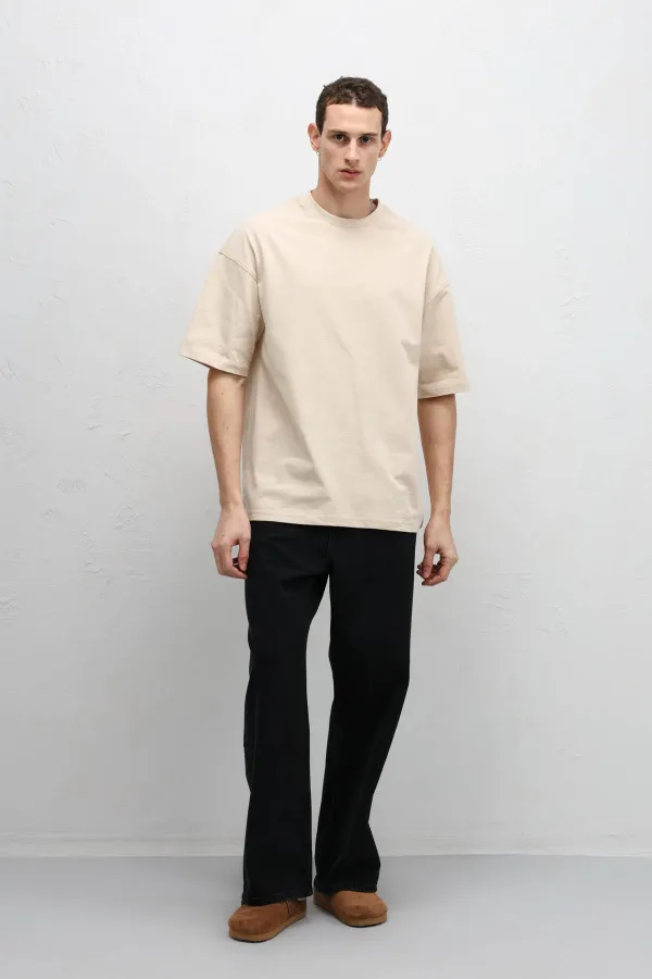 Basic Oversize Bisiklet Yaka Tişört Bej