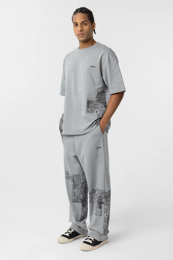 Etnik Desenli Oversize Eşofman Takım Gri