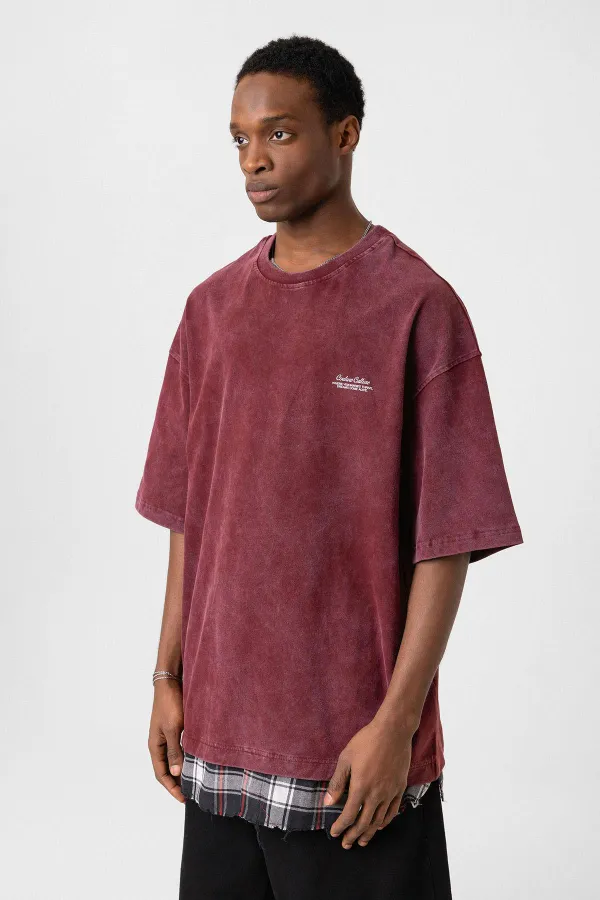 Yıkamalı Oversize Ekose Detaylı Tişört Bordo