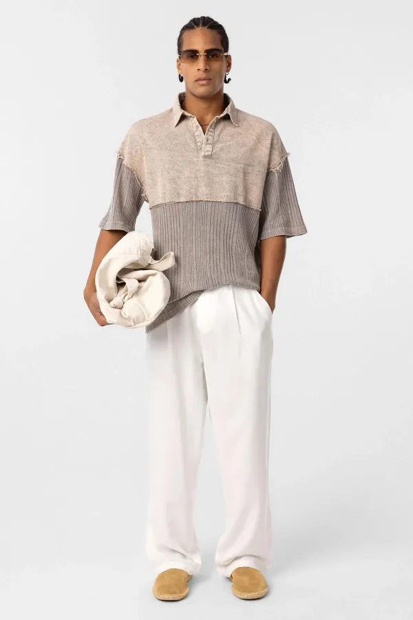 Yıkamalı Oversize Polo Yaka Tişört Taş