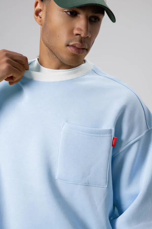 Bisiklet Yaka Cep Detaylı Oversize Sweatshirt Bebe Mavi