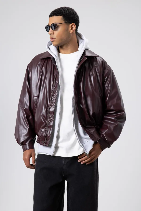 Veste oversize basique en similicuir bordeaux