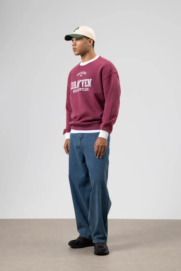 Oversize Bisiklet Yaka Baskılı Sweatshirt Bordo