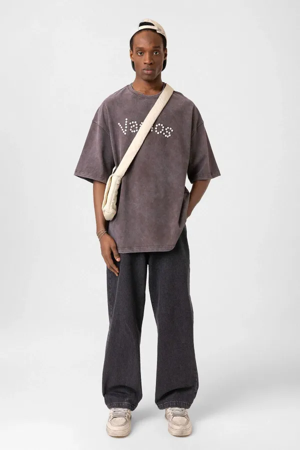 T-shirt oversize délavé à boutons, couleur café